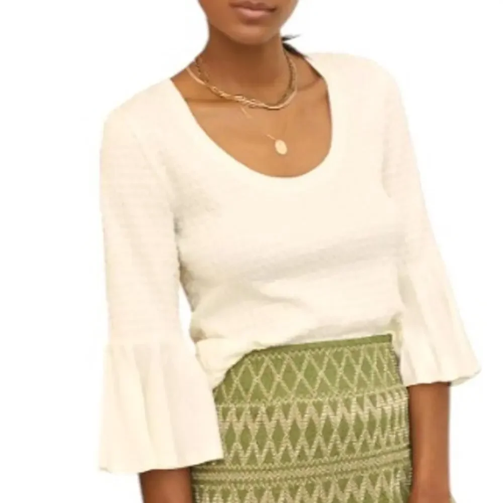 Anthropologie S Womens Smocked Bell Sleeve Top Scoop Neck Classic Cream